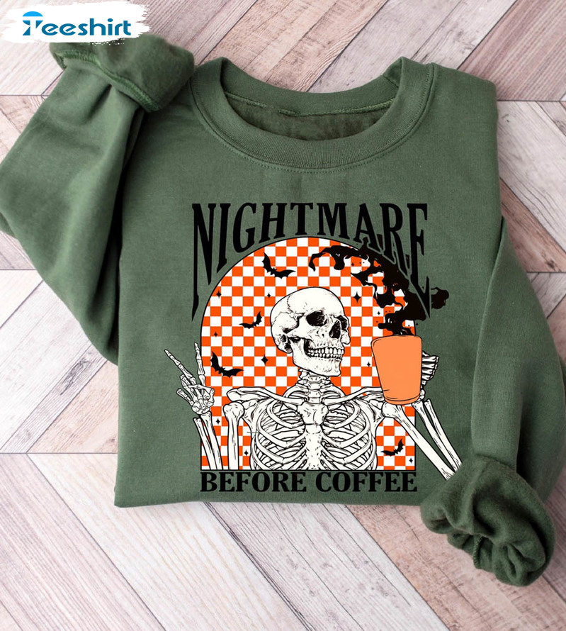 Skeleton Halloween Funny Shirt, Coffee Fall Sweater Short Sleeve