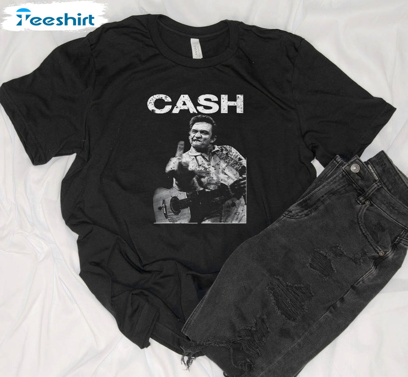 Johnny Cash Distressed Graphic Shirt, Middle Finger Crewneck Short Sleeve