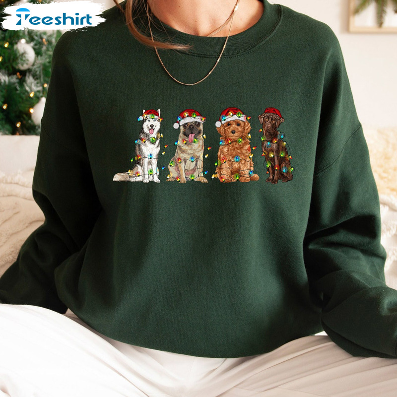 Christmas Dogs Sweatshirt Foe Girls, Cute Dog And Christmas Light Classic Tee Tops