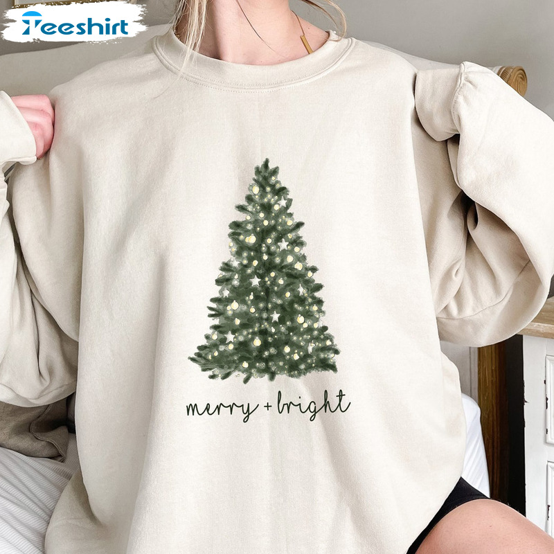 Merry And Bright Sweatshirt, Christmas Trees Classic Tee Tops - Long Sleeve For All People