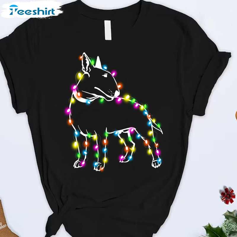 Terrier Christmas Light Shirt, Bull Terrier Christmas Tee Tops, Trendy Sweatshirt For Xmas