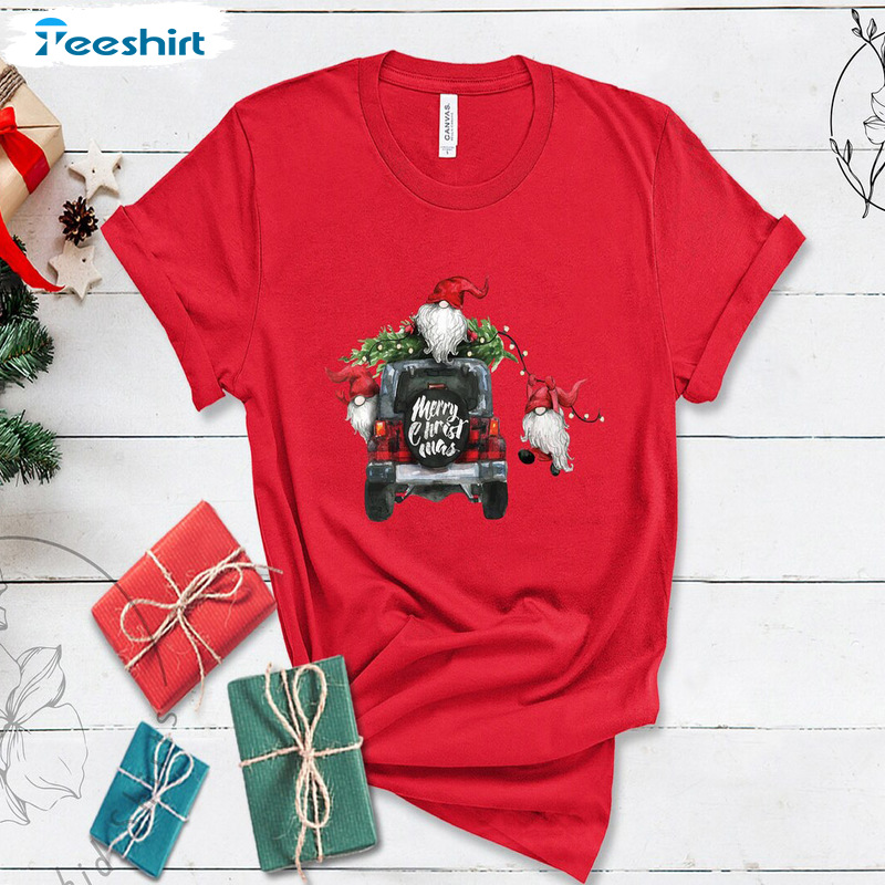 Christmas Funny Gnomes Shirt, Christmas Red Truck Tee Tops For Kids, Pine Tree Trending Short Sleeve For Christmas