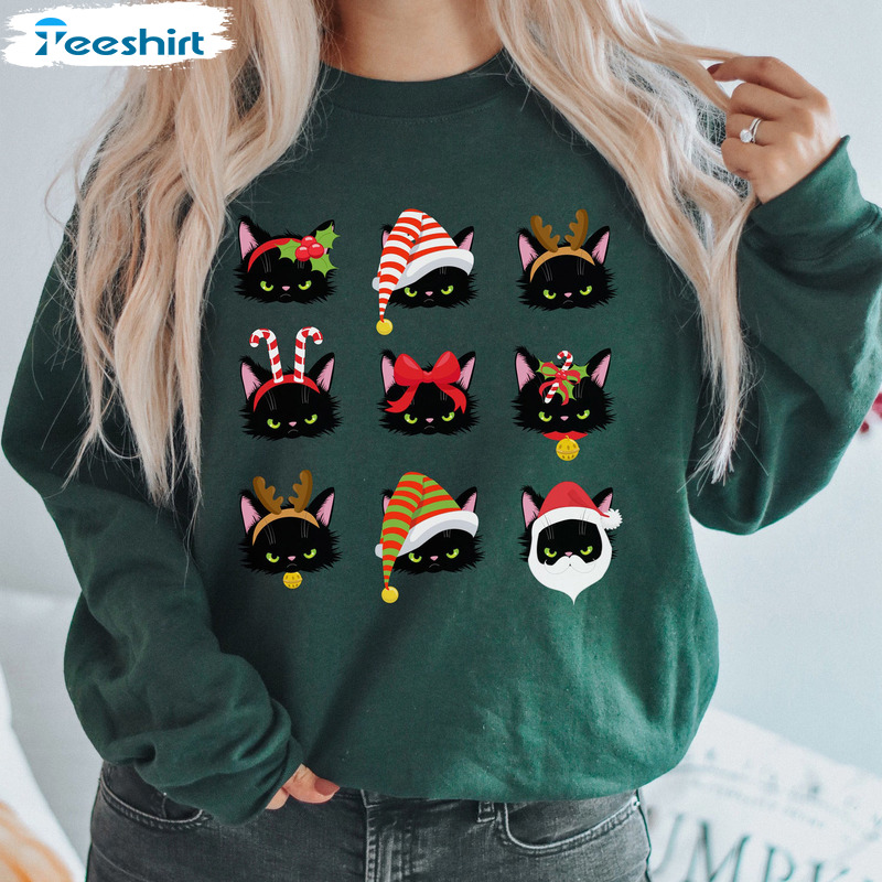 Cute Black Christmas Cat Sweatshirt, Cute Ugly Christmas Unisex Hoodie, Funny Cat Face Short Sleeve