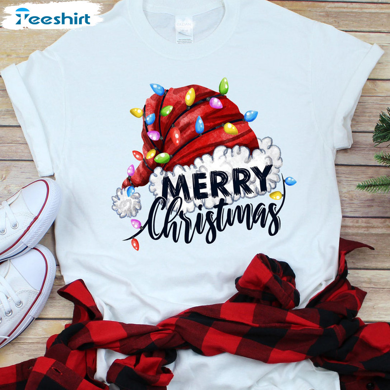 Christmas Santa Claus Hat Crewneck, Christmas Light Classic Tee Tops, Merry Christmas Unisex T-shirt For Teens