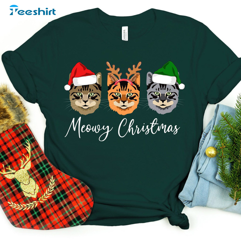 Christmas Cat Classic Tee Tops For Family, Meowy Christmas Unisex Hoodie For Kids, Cute Christmas Cat Long Sleeve