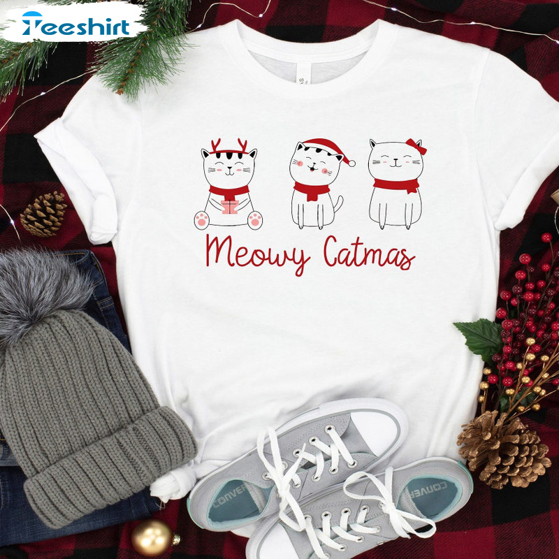 Meowy Christmas Shirt, Christmas Cat Lover Unisex T-shirt - Tee Tops For Girls