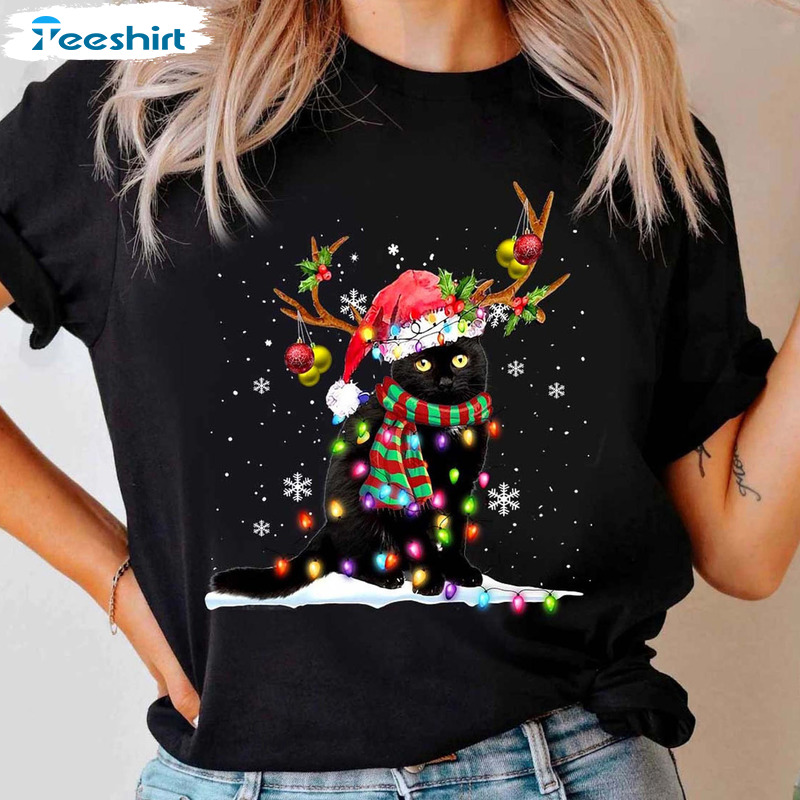 Black Cat Christmas Crewneck, Christmas Lights Classic Tee Tops, Snowflake Pattern Unisex Hoodie For Teens