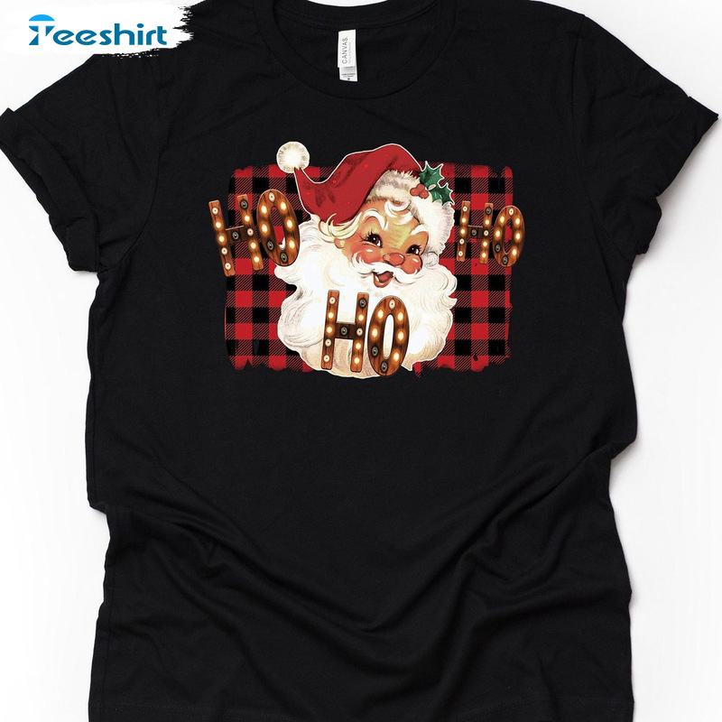 Santa Claus On Buffalo Plaid Shirt, Christmas Santa Ho Ho Ho Short Sleeve - Tee Tops