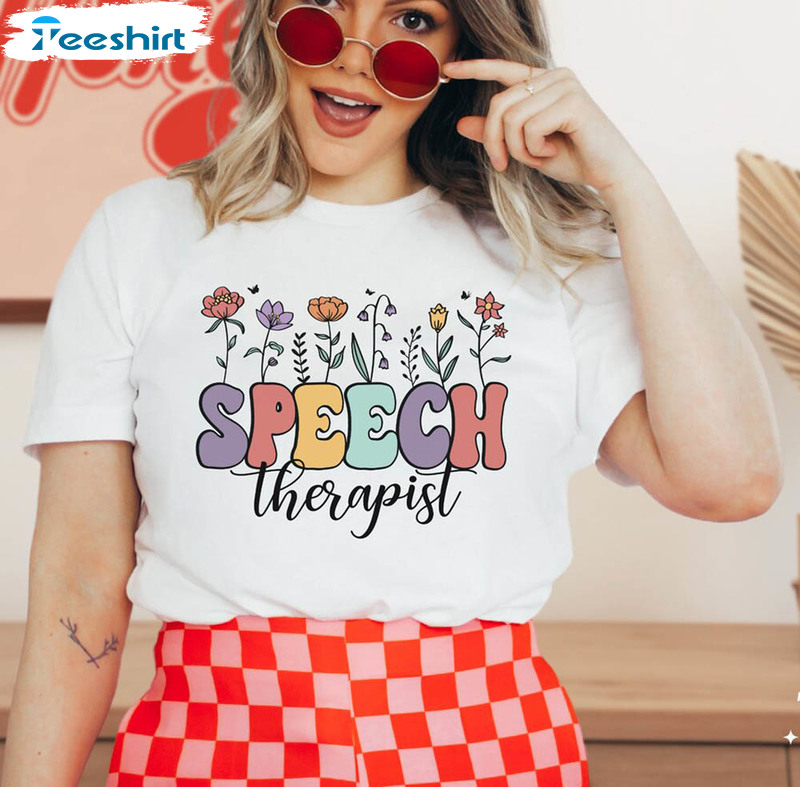 Wildflower Speech Therapist Shirt, Slp Retro Flower Crewneck Short Sleeve