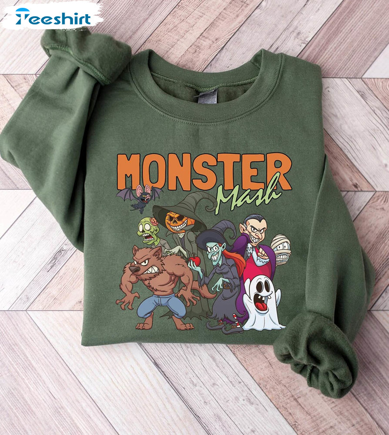 Retro Monster Mash Shirt , Ghost Witch Dracula Frankenstein Short Sleeve Crewneck