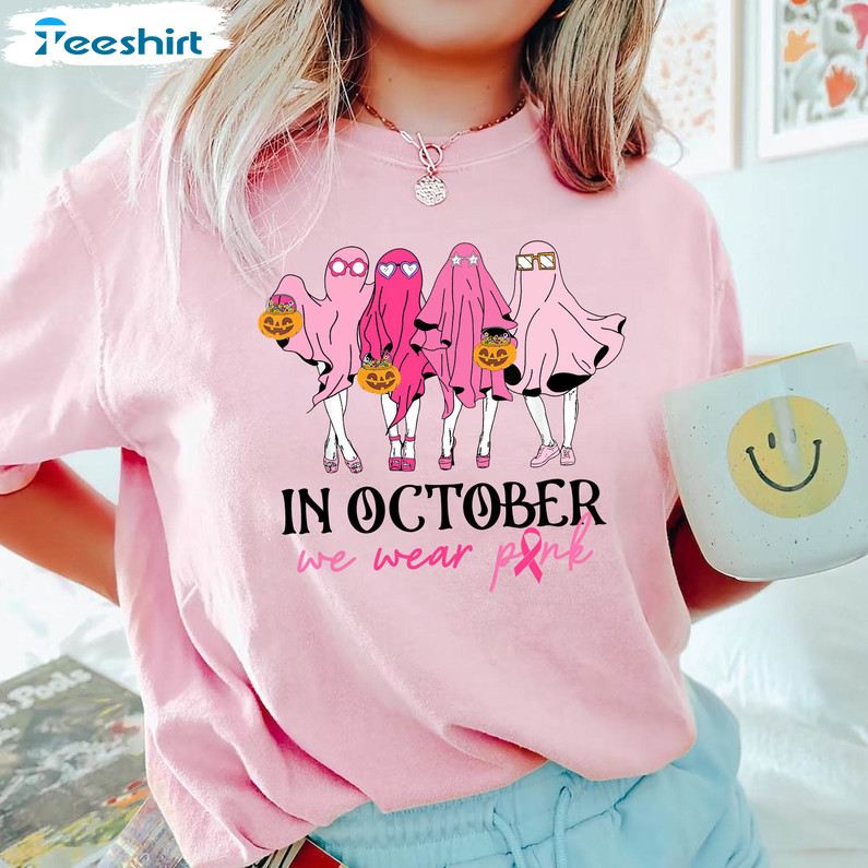 In October We Wear Pink Ghost Matching Shirt, Halloween Sweatshirt Crewneck