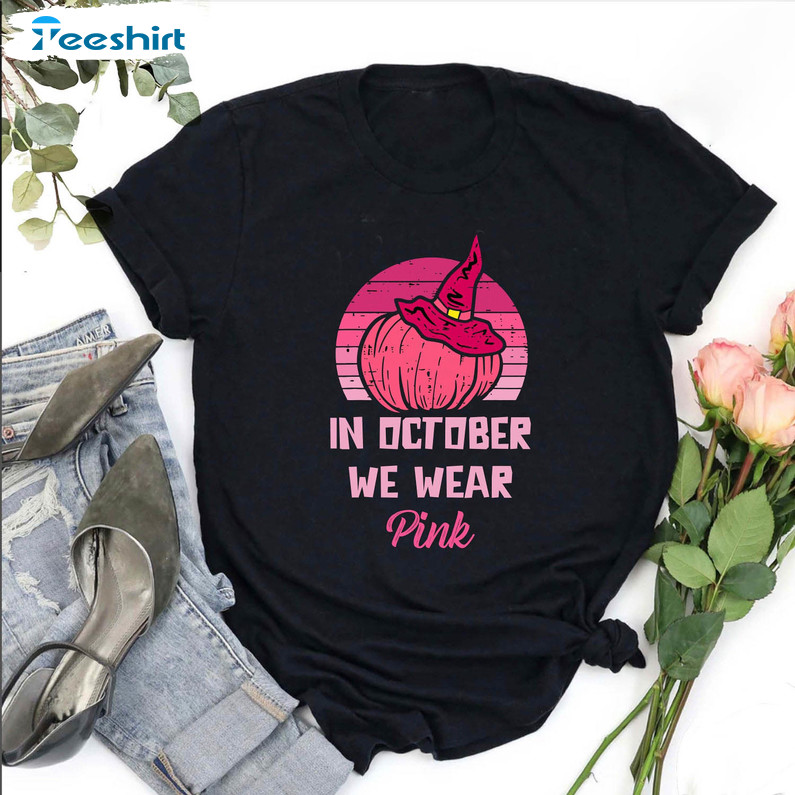 Halloween October Cancer Awareness Shirt, Pink Pumpkin Short Sleeve Tee Tops