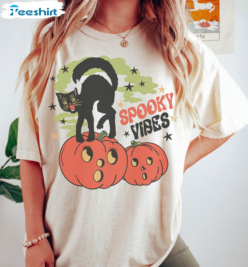 Comfort Colors Spooky Vibes Shirt, Black Cat On Pumpkin Unisex T-shirt Short Sleeve