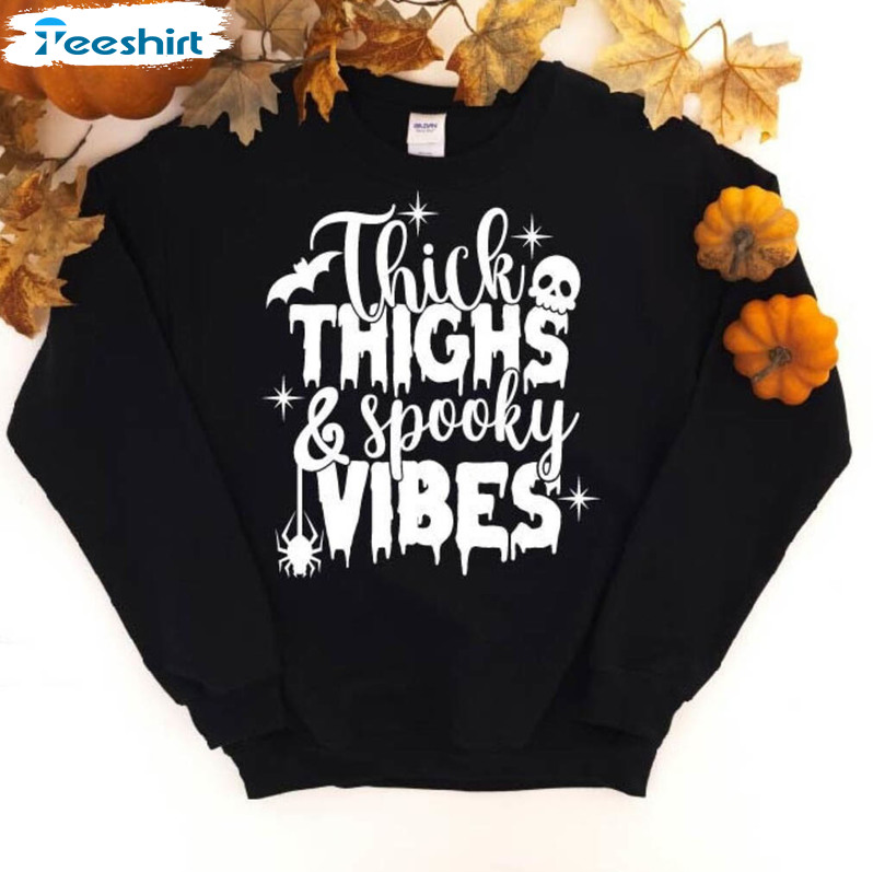 Thick Thighs And Spooky Vibes Vintage Shirt, Spooky Season Hoodie Short Sleeve