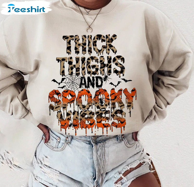 Thick Thighs Spooky Vibes Halloween Shirt, Funny Sweater Short Sleeve