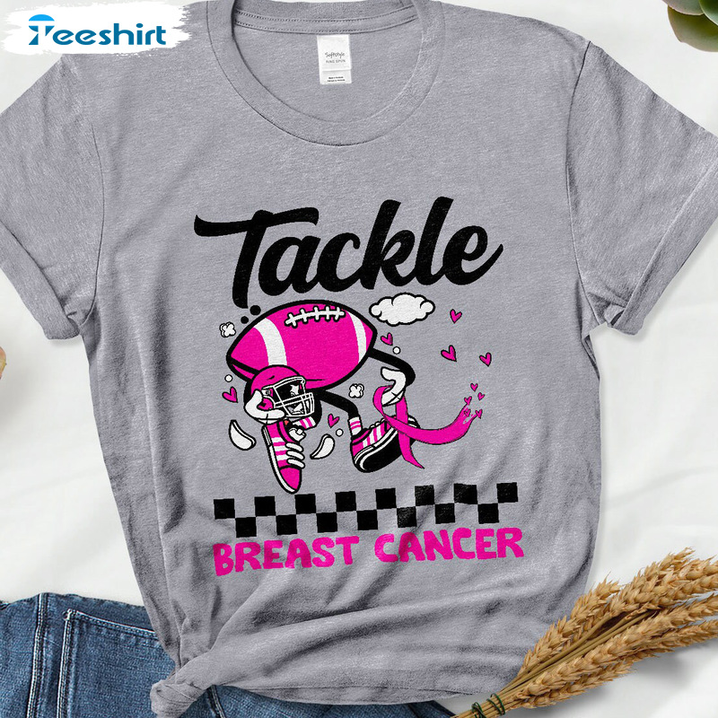 Breast Cancer T-shirt, Breast Cancer Pink Football Tee Tops, Tackle Breast Cancer Short Sleeve