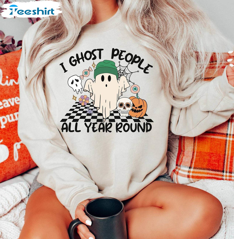 Retro Ghost People Year Round Cool Shirt, Trendy Halloween Short Sleeve Long Sleeve