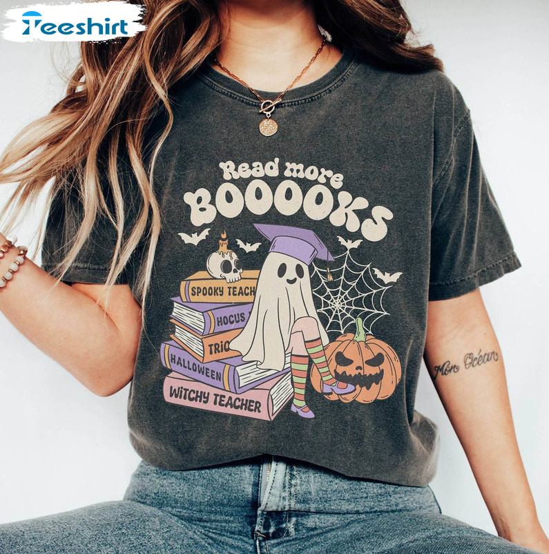 Teacher Halloween Shirt, Read More Books Spooky Teacher Short Sleeve Sweatshirt