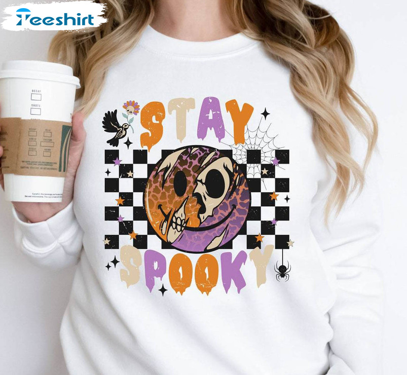 Stay Spooky Retro Shirt, Halloween Smile Face Short Sleeve Unisex Hoodie