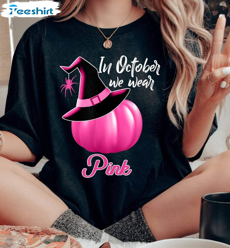 In October We Wear Pink Cute Shirt, Pink Pumpkin Breast Cancer Long Sleeve Unisex Hoodie