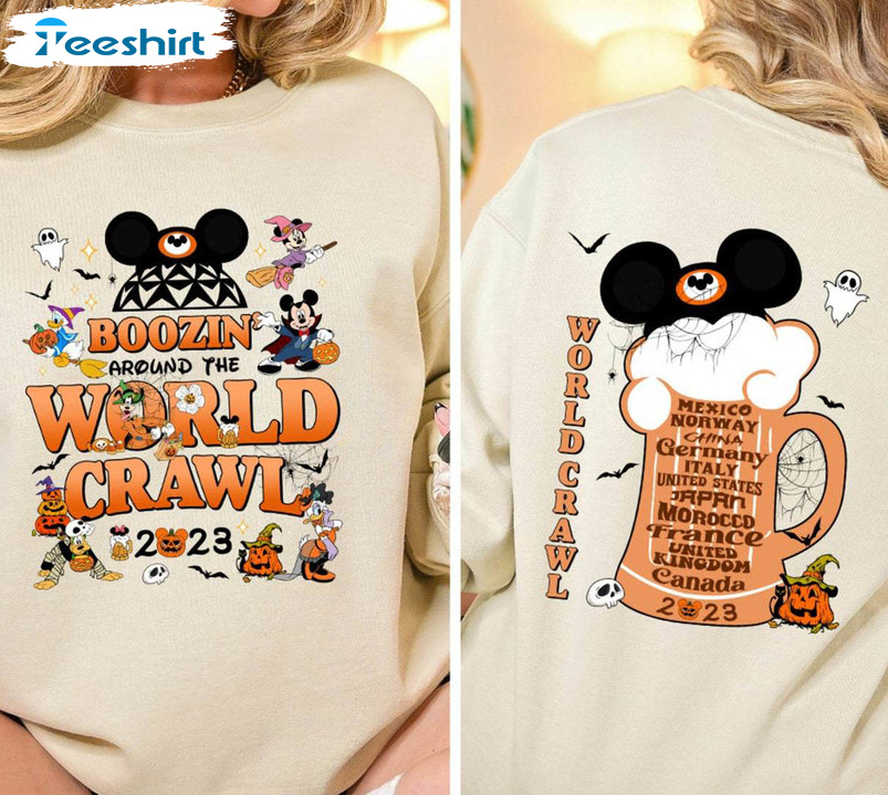 Boozin Around The World Crawl Halloween Cute Shirt, Mickey And Friends Short Sleeve Crewneck