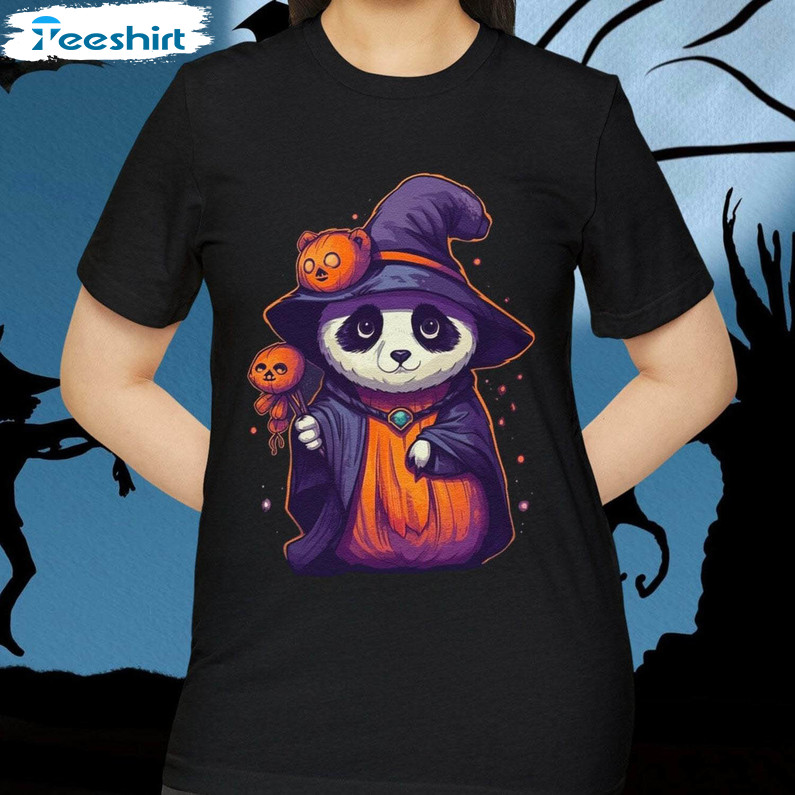 Panda Pumpkin Witch Organic Shirt, Halloween Short Sleeve Sweater