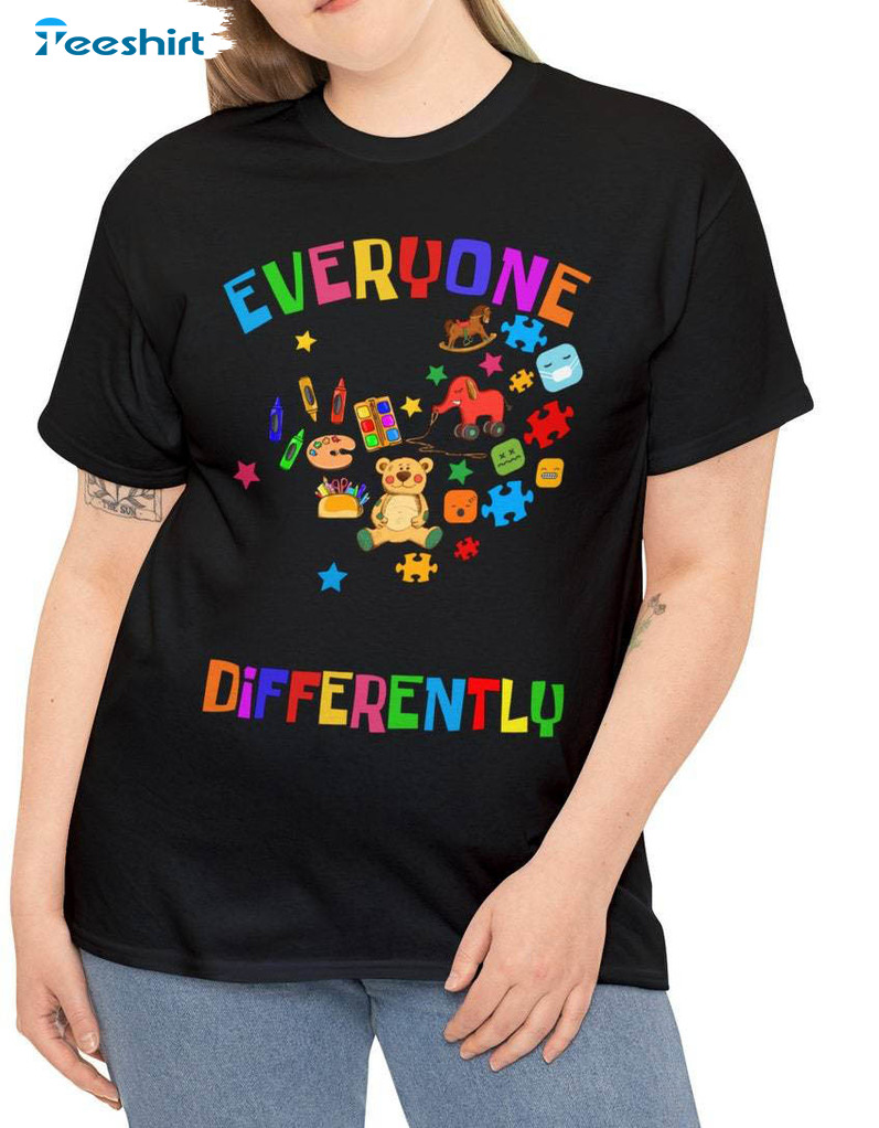 Retro Everyone Communicate Differently Shirt, Autism Awareness Short Sleeve Sweater