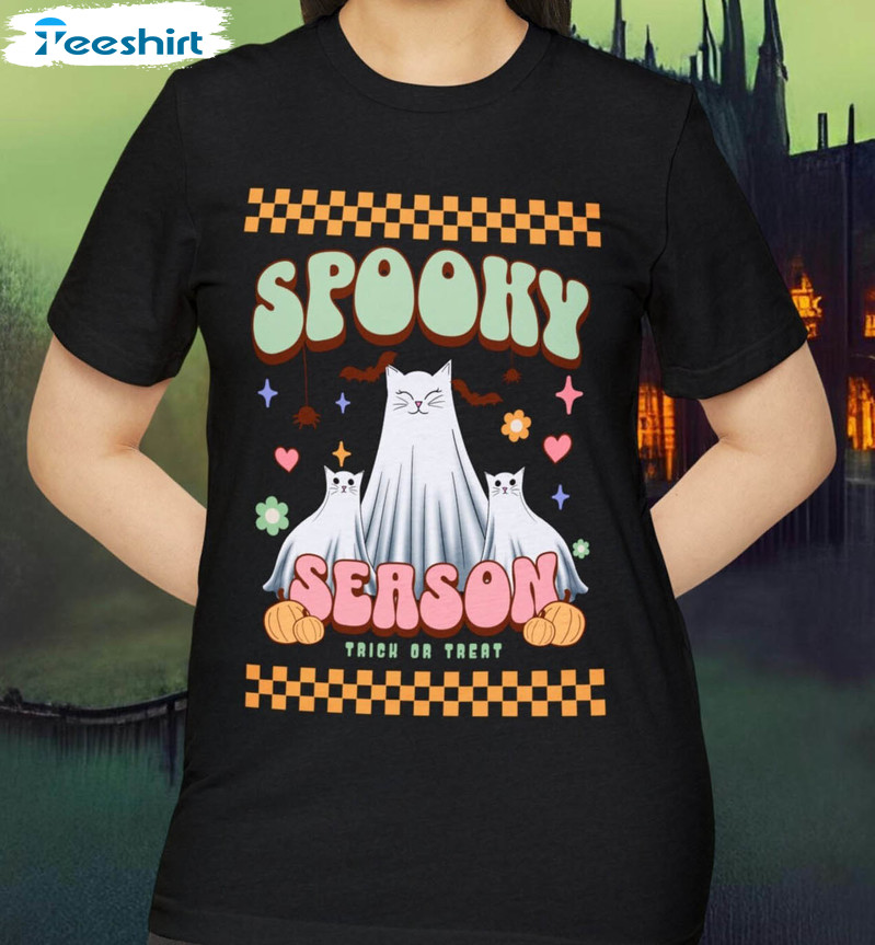 Ghost Cats Spooky Season Shirt, Hauntingly Halloween Crewneck Sweater