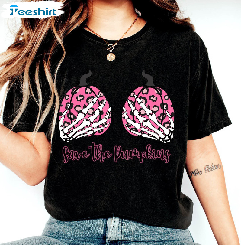 Save The Pumpkins Skeleton Hand Shirt, Pink Pumpkin Short Sleeve Tee Tops