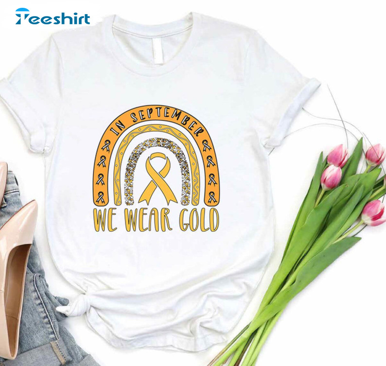 We Wear Gold Childhood Cancer Shirt, Gold Ribbon Awareness Long Sleeve Unisex Hoodie