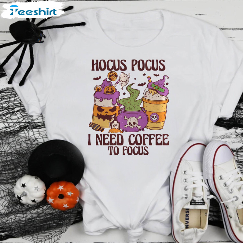 Hocus Pocus I Need Coffee Shirt, Retro Halloween Spooky Season Sweater Hoodie