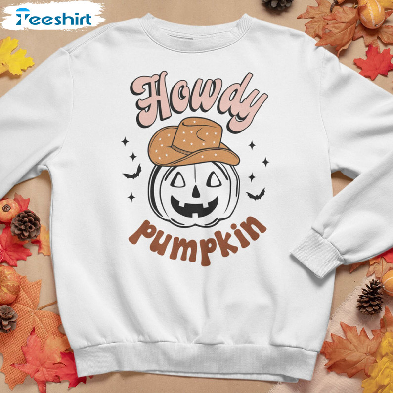 Halloween Howdy Pumpkin Sweatshirt, Retro Spooky Season Crewneck Long Sleeve