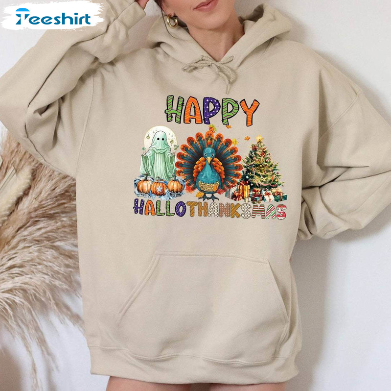 Happy Hallothanksmas Hoodie, Ghost Halloween Christmas Tree T Shirt Hoodie