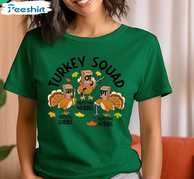 Groovy Turkey Squad Shirt, Creative Thanksgiving Family Short Sleeve Sweatshirt