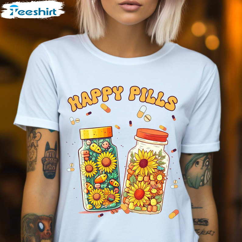 Happy Pills Medicine Sunflower Shirt, Vintage Design Long Sleeve Unisex T Shirt