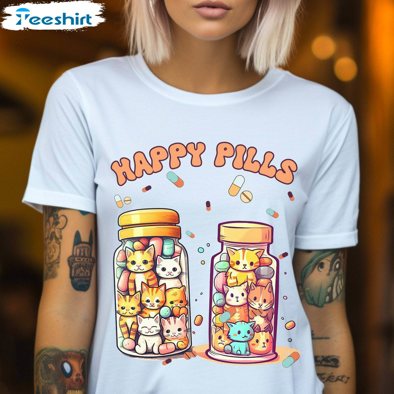 Happy Pills Medicine Shirt, Cute Cats Tee Tops Unisex Hoodie