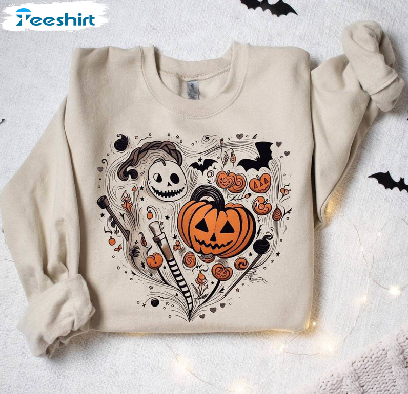 Halloween Doodles Hearth Cute Shirt, Cute Halloween Long Sleeve Unisex Hoodie