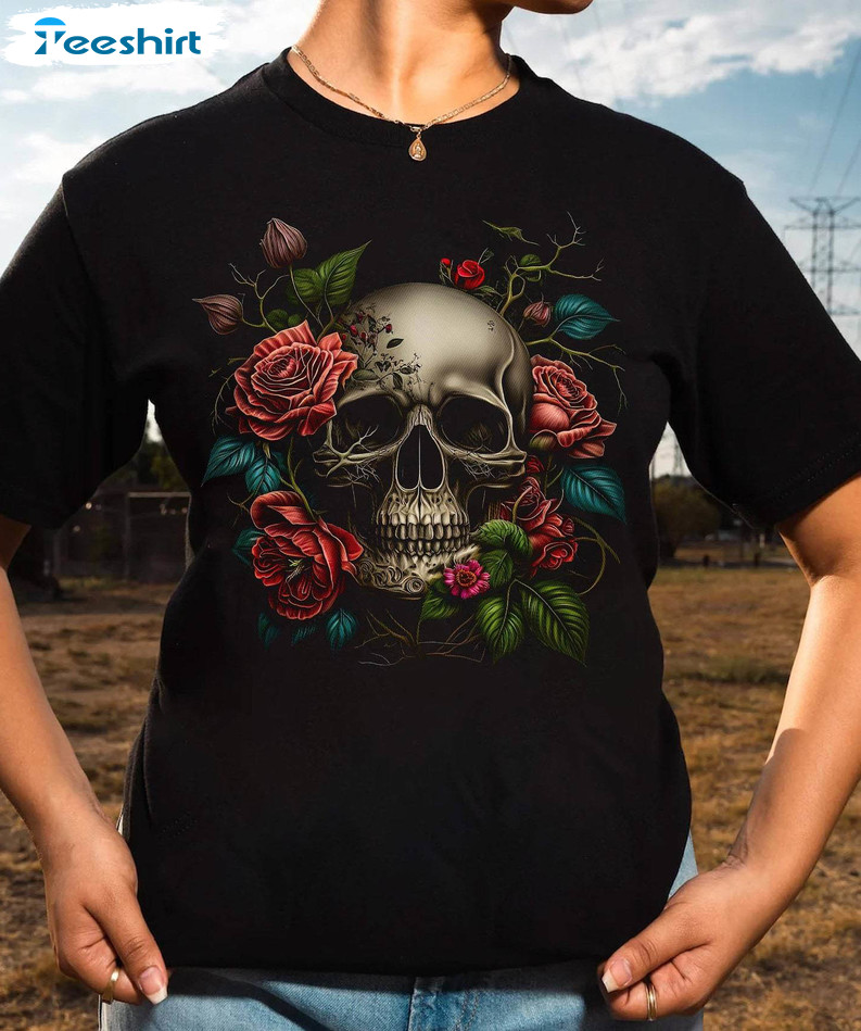 Skull With Roses Shirt, Dead Skull Steampunk Crewneck Unisex T Shirt