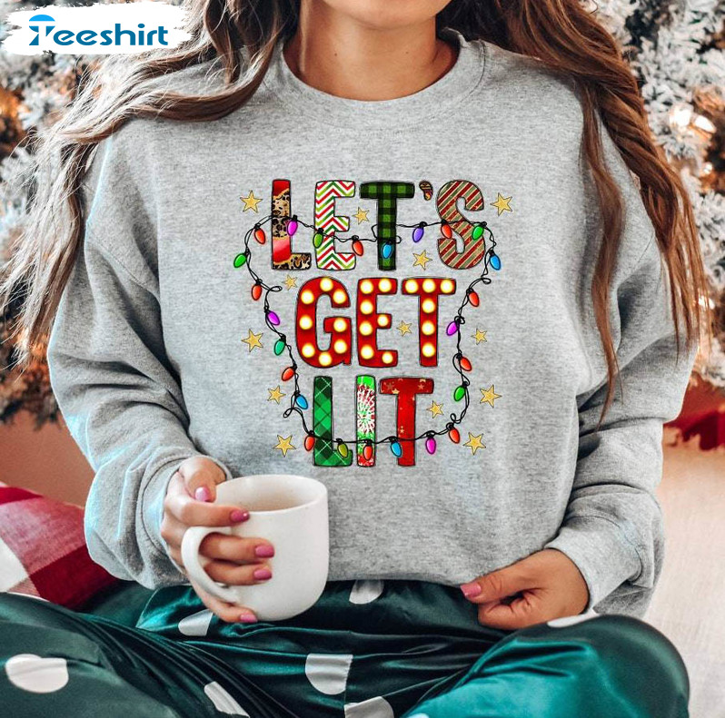 Let S Get Lit Shirt, Merry And Bright Christmas Long Sleeve Unisex Hoodie
