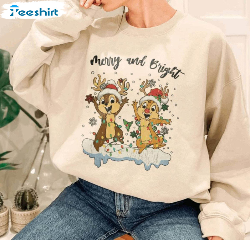 Vintage Chip And Dale Shirt, Merry And Bright Disneyworld Crewneck Unisex Hoodie