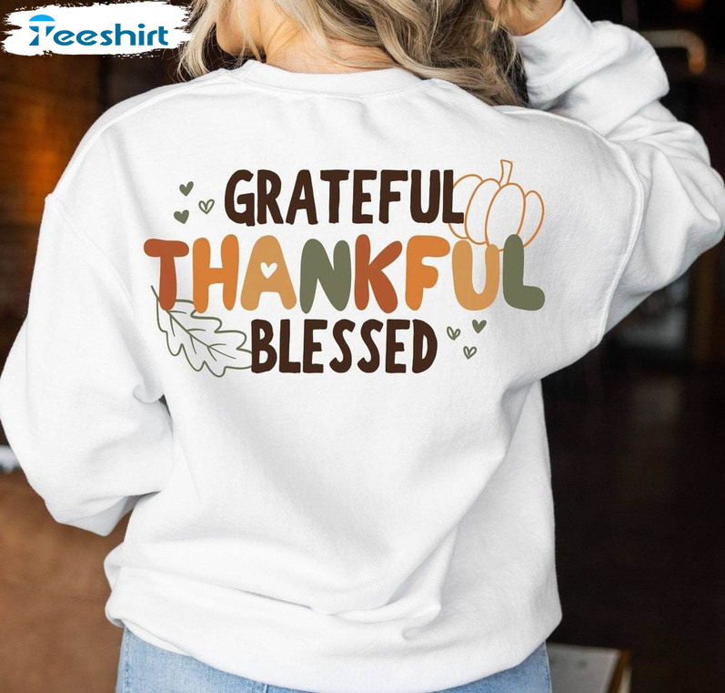 Grateful Thankful Blessed Shirt, Boho Christian Fall Crewneck Short Sleeve