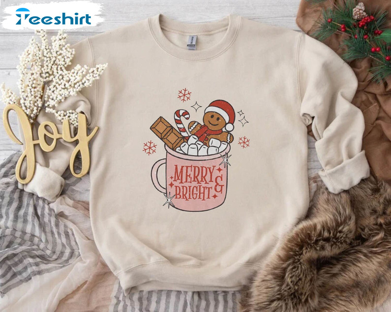 Merry And Bright Shirt, Gingerbread Man Candy Cane Unisex Hoodie Long Sleeve