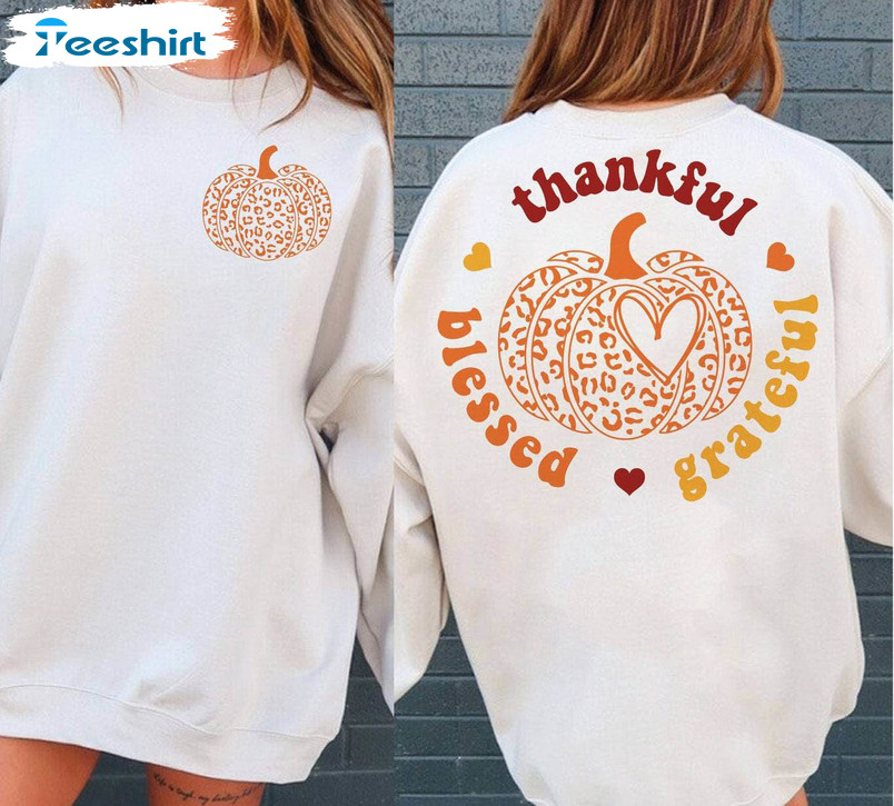 Grateful Thankful Blessed Autumn Shirt, Leopard Pumpkin Crewneck Sweatshirt