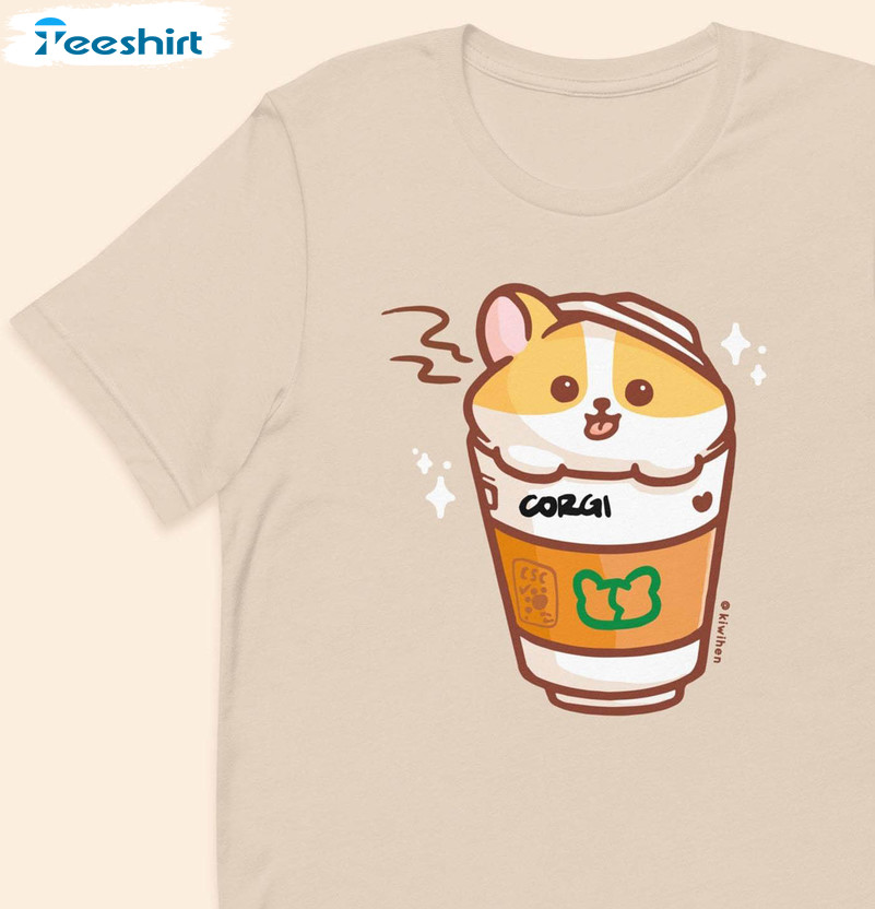 Coffee Corgi Cute Shirt, Trendy Crewneck Long Sleeve