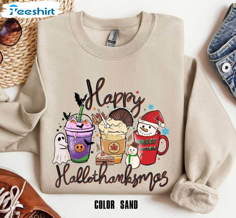 Christmas Coffee Shirt, Happy Hallothanksmas Long Sleeve Unisex T Shirt