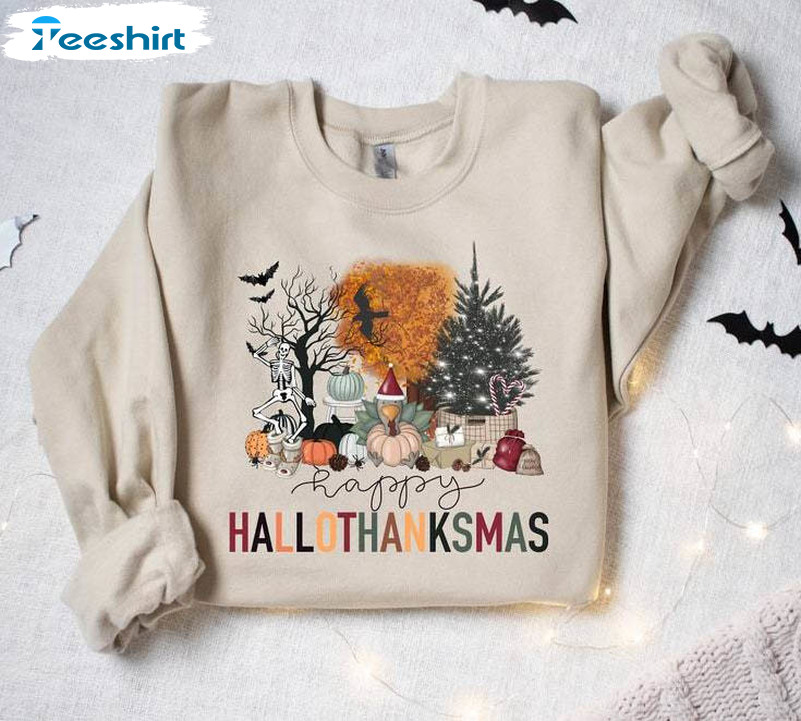 Happy Hallothanksmas Shirt, Christmas Funny Unisex T Shirt Short Sleeve