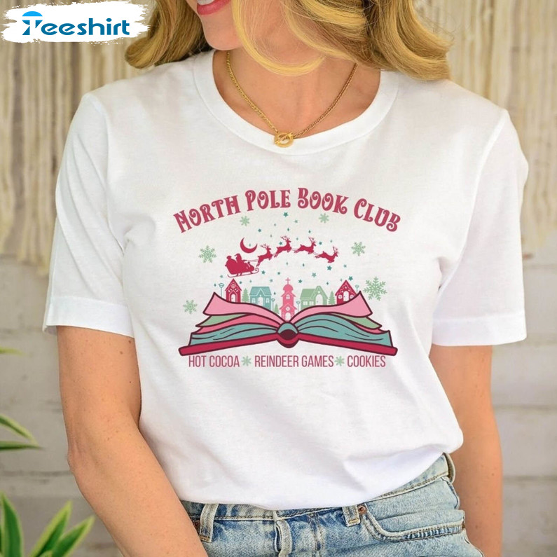 North Pole Book Club Shirt, Bookish Christmas Tree Tee Tops Unisex Hoodie