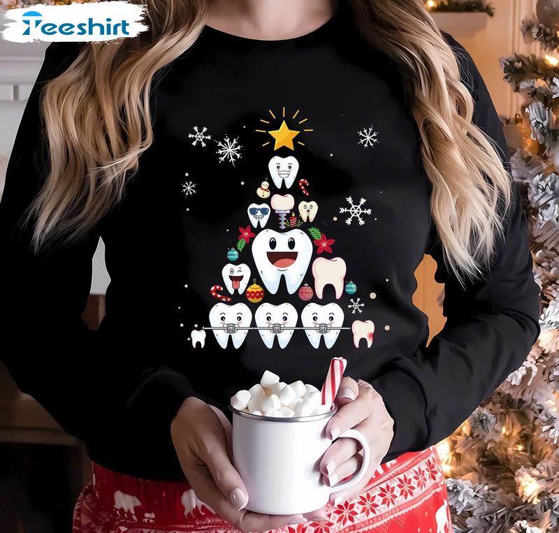 Teeth Christmas Tree Shirt, Christmas Tooth Unisex Hoodie Crewneck