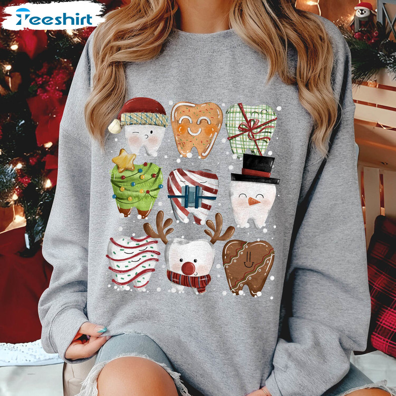 Funny Christmas Teeth Shirt, Cute Christmas Dentist Short Sleeve Long Sleeve