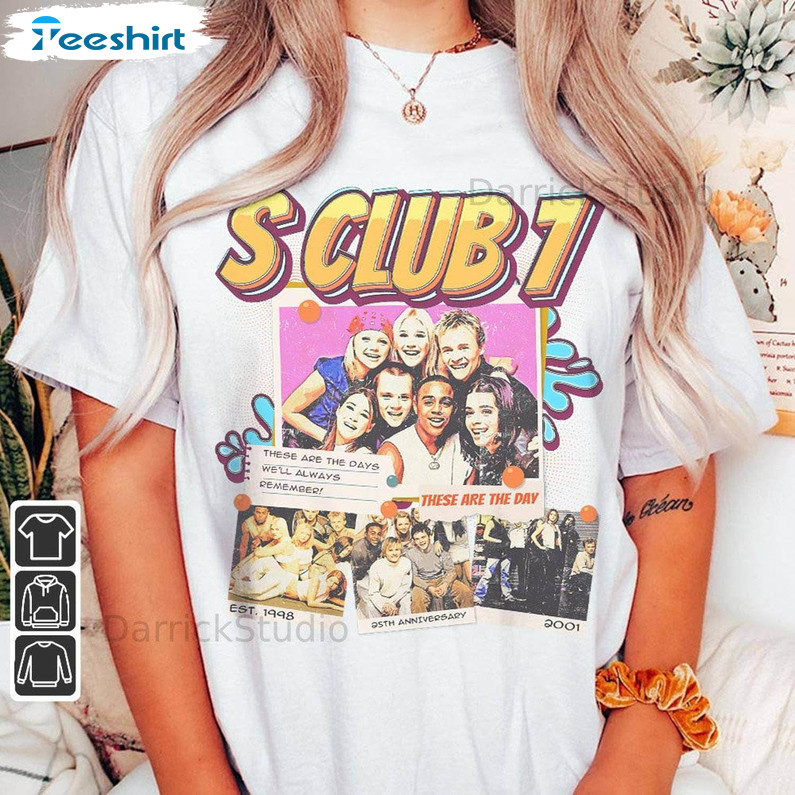 S Club 7 Comic Shirt, These Are The Days Album Pop Reunited Tour Short Sleeve Tee Tops